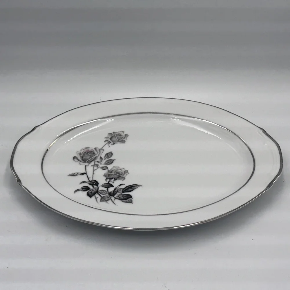 Vintage Fine China Oval Serving Platter White Grayscale Rose Silver Trim Scallop